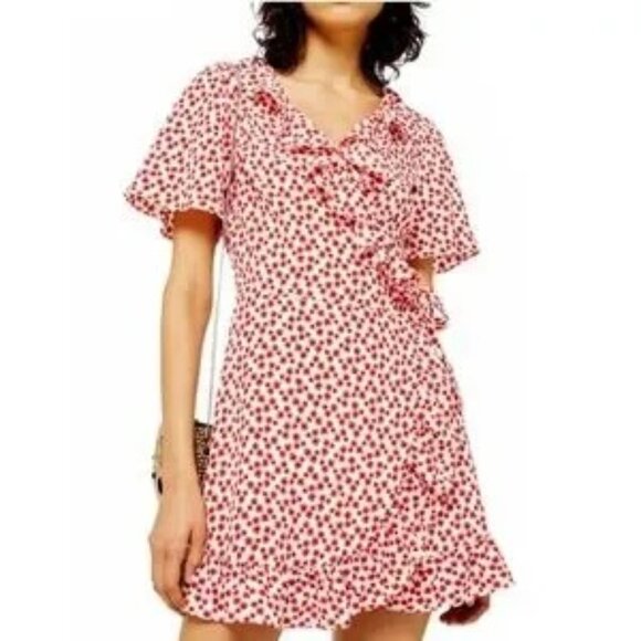 Topshop‎ Red & White Floral Ruffle Wrap Mini Dress SZ 6 NWT - Picture 1 of 9